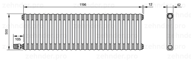 Схема (чертеж) Радиатор Zehnder Charleston 2050/26 №V004 Белый глянцевый RAL 9016